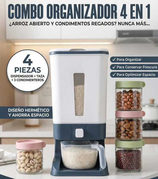 🤯 Combo 4 en 1 | Dispensador de arroz + taza medidora + 3 Condimenteros De Vidrio 🔥